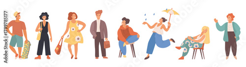 A set of stylized characters depicting a diverse group of people, showcasing various poses, outfits, and expressions, highlighting diversity and personality vector illustration.