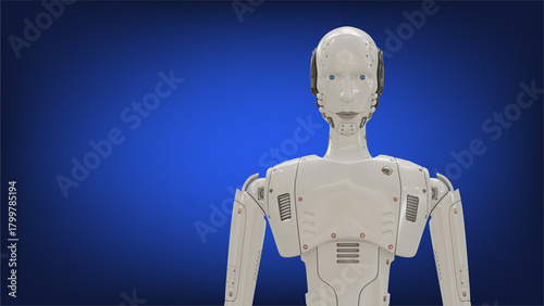3D render of a humanoid robot on a blue background, representing artificial intelligence, futuristic technology,