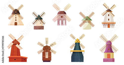 Old windmills set. Vintage stone and wooden wind mills of farm countryside landscape of Netherlands or Holland, Dutch towers with fan for grinding wheat grains to flour cartoon vector illustration