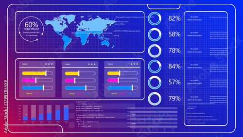 A data dashboard and analytics system displays charts and metrics on a blue and purple background,