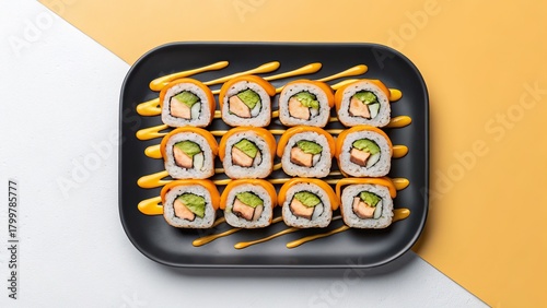 Delicious sushi rolls drizzled with spicy mayo on a black plate