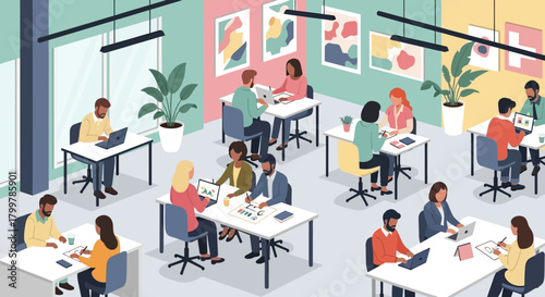 Diverse Teams Collaborating and Innovating in a Modern Open-Plan Office, Blending Ideas for Enhanced Productivity and Dynamic Business Growth