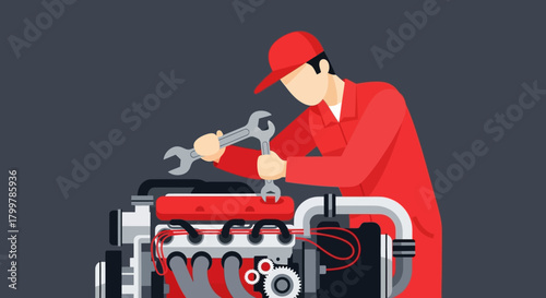 Skilled automotive mechanic fixing a car engine, illustrating professional auto repair and maintenance services in a modern flat design style