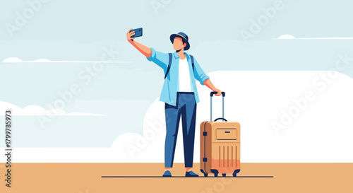 Young traveler taking a selfie with a suitcase during vacation with sky background