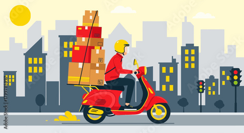 Efficient urban delivery service concept with a courier riding a scooter loaded with packages through the city streets under a sunny sky, highlighting modern e-commerce logistics and fast delivery