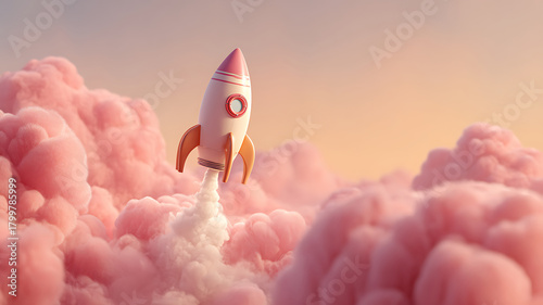 Toy rocket blasting off through pink fluffy clouds at sunset