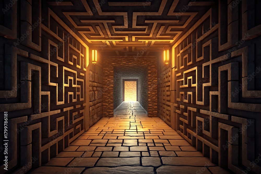 Fototapeta premium Mysterious ancient stone corridor with glowing light at the end