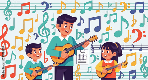 Music Teacher with Students Learning Guitar with Musical Notes Background