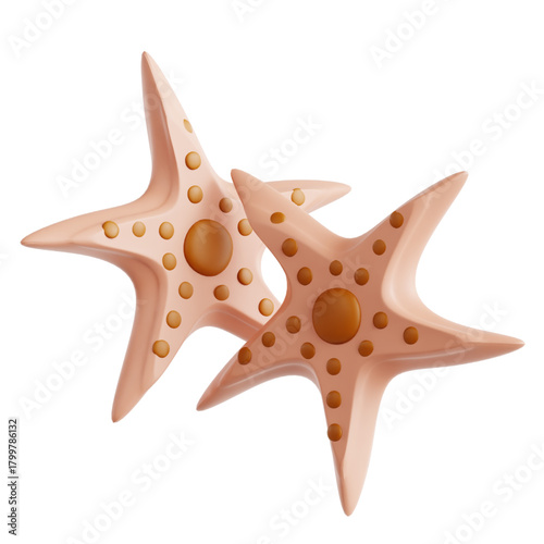 Two Cute Beige Starfishes with Orange Accents on a White Background