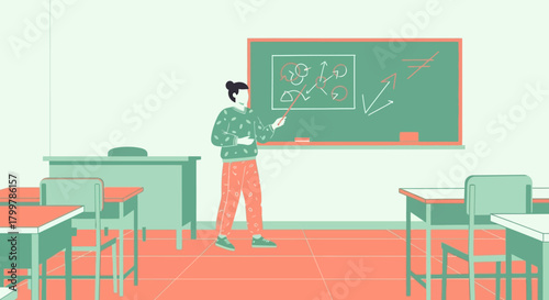 Dedicated educator explaining strategic concepts and problem-solving methodologies on a chalkboard within a contemporary classroom, emphasizing interactive learning and academic development