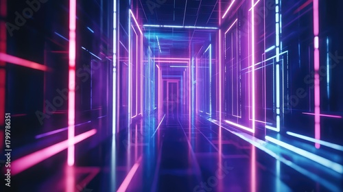 Fototapeta Naklejka Na Ścianę i Meble -  Futuristic neon tunnel glowing with abstract geometric light