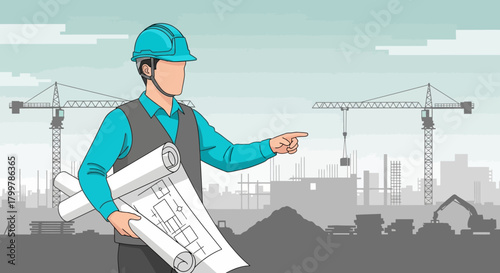 Construction Industry Engineer with Blueprint at Construction Site