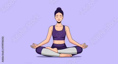 Illustration of a serene woman practicing yoga meditation in the lotus position for mindfulness and wellness