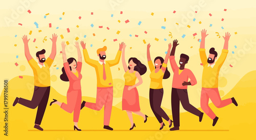 A Diverse Group of People Celebrating Success with Confetti Falling