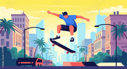 Skater performing a dynamic aerial trick in a vibrant cityscape during sunset, with palm trees and urban architecture