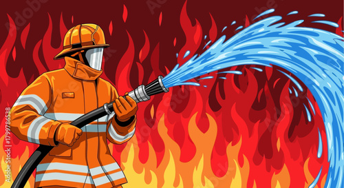 Firefighter battling a blaze with a hose, representing emergency services and the fight against destruction