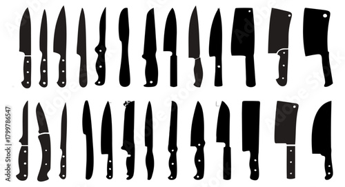 Kitchen knife set vector featuring chef knives, cleavers, cutlery tools, cooking utensils, and food preparation elements. Perfect for culinary design and restaurant graphics