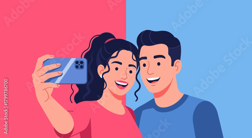 A smiling young couple taking a selfie together with a smartphone against a colorful background, illustrating modern relationships and digital connection