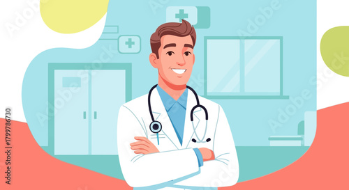 Friendly doctor in white coat with stethoscope, ready to provide medical service