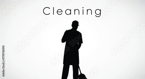 Cleaning Service Worker Silhouette: Professional Janitor or Housekeeper Sweeping with a Broom and Dustpan on a White Background with "Cleaning" Text - Vector Illustration.
