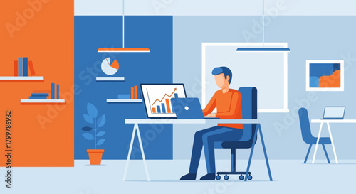 Businessman at his desk in a contemporary office space, focused on financial reports and market growth graphs. Vector design