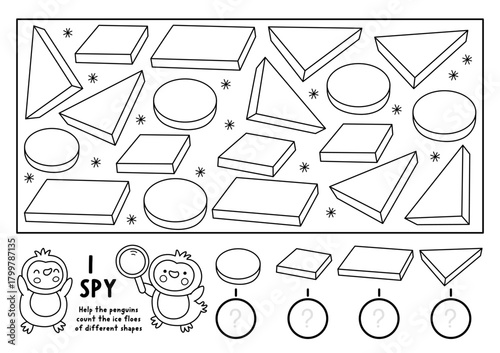 Christmas I spy black and white game. Searching, counting, shape recognition activity with penguins and ice floes. New Year line printable worksheet for kids. Winter holiday puzzle, coloring page