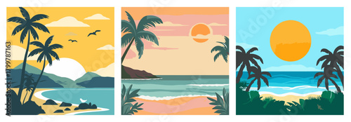 Tropical beach landscape vector set. Palm trees, coastline, sunset, summer vacation, and ocean scenery illustration perfect for travel, nature, and paradise design themes