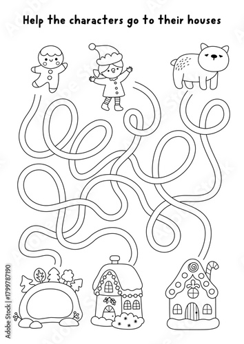 Christmas village black and white maze for children with bear, elf gingerbread man, houses. Line labyrinth game, coloring page with homes. Winter holiday printable activity, worksheet