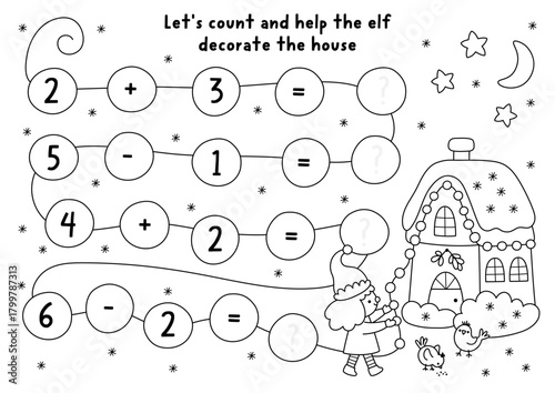 Counting preschool black and white game with elf decorating house with ornaments. New Year line math addition activity. Simple sums holiday printable worksheet, coloring page for kids