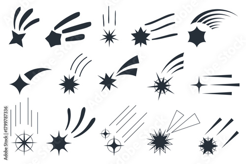 Shooting stars with tail, flying meteor silhouettes and comet falling in sky icon set. Shiny fast meteorites fall with trail simple shape, asteroid in space black flat symbols vector illustration