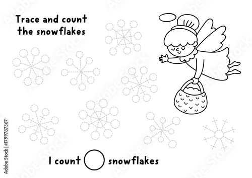 Christmas black and white counting, drawing game with angel sprinkling snowflakes. New Year line math and tracing activity. Simple sums winter holiday printable worksheet, coloring page for kid
