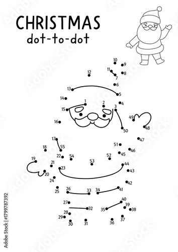 Christmas vector dot-to-dot and color activity with cute Santa Claus. Black and white New Year connect the dots game for children with holiday symbol. Winter line printable worksheet