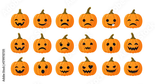 Expressive autumn harvest: Pumpkins conveying various emotional illustrations perfect for halloween