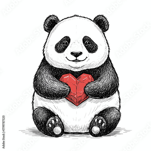 Engraving sketch of a cute black and white panda with a red paper heart, vector illustration on a white background.