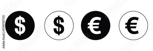 Dollar euro financial icon illustration showing online payment symbols, digital wallet graphics, currency signs and earnings coin visuals suitable for banking and economic design projects.
