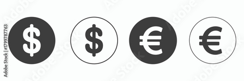 Dollar euro currency icon design featuring internet money symbols, digital payment graphics, bank wallet elements and earnings coin illustrations ideal for financial and fintech projects.