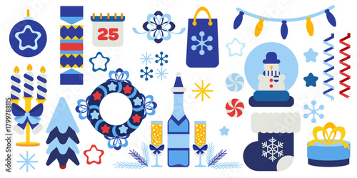 Festive collection in blue tones. Garlands, ornaments, sparkling champagne, candles, gifts and  snow globe with snowman. Perfect for holiday banners, invitations, cards and winter promotions.