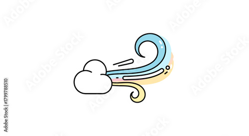 Whimsical wind illustration featuring a stylized cloud and swirling gusts in pastel colors