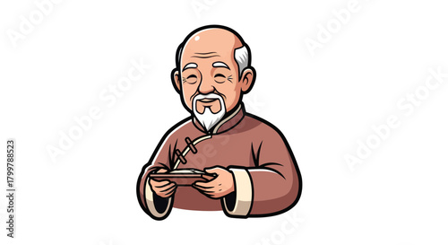Wise elder character holding offering in traditional chinese attire isolated illustration