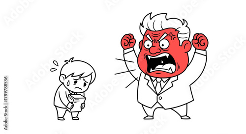 Workplace tension: An illustration depicting a frustrated boss berating a worried employee holding