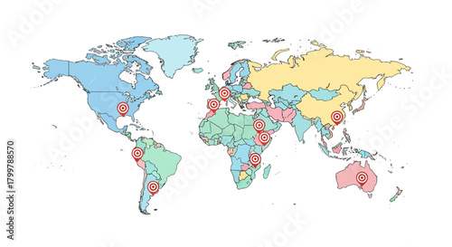 World map highlighting various global locations with target symbols designating areas of focus for