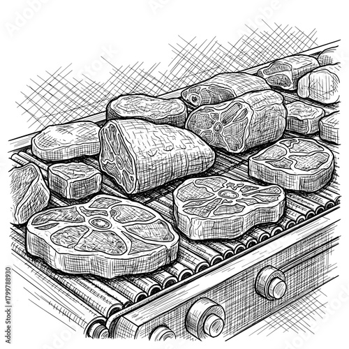 Pieces of raw sliced meat on a conveyor belt, vintage engraving sketch black and white vector illustration