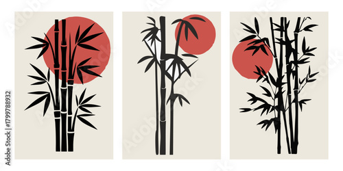 Bamboo silhouette vector set. Minimal Asian art with red sun, zen nature, oriental plant illustration perfect for Japan, culture, botanical, and decorative design