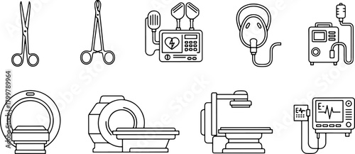 Medical equipment line art icons for healthcare professionals, research and hospital themes, perfect for presentations, websites and educational materials
