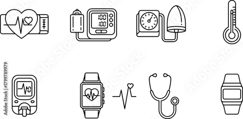 Essential medical devices for healthcare, monitoring, and wellness in a modern, clean line art style perfect for health and technology projects
