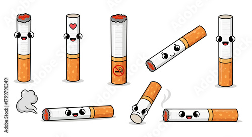 Whimsical cartoon cigarettes with expressive eyes showcase dangers and addiction warning