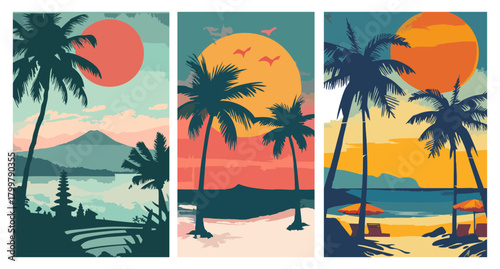 Tropical sunset landscape vector set. Palm trees, beach scenery, summer vacation, island paradise, and ocean view illustration perfect for travel, nature, and holiday design