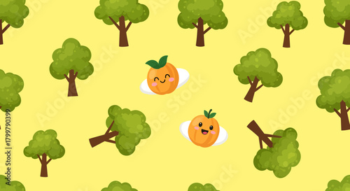 Whimsical cartoon pattern featuring cheerful oranges amidst a forest of verdant trees