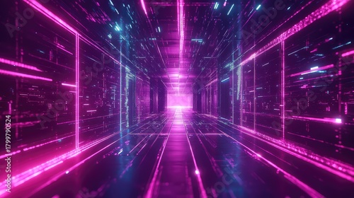 Fototapeta Naklejka Na Ścianę i Meble -  Digital data tunnel with glowing neon lines