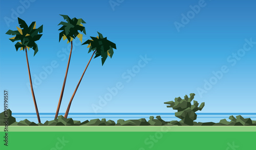Stylised low-poly tropical palms by the sea, coastal landscape vector banner